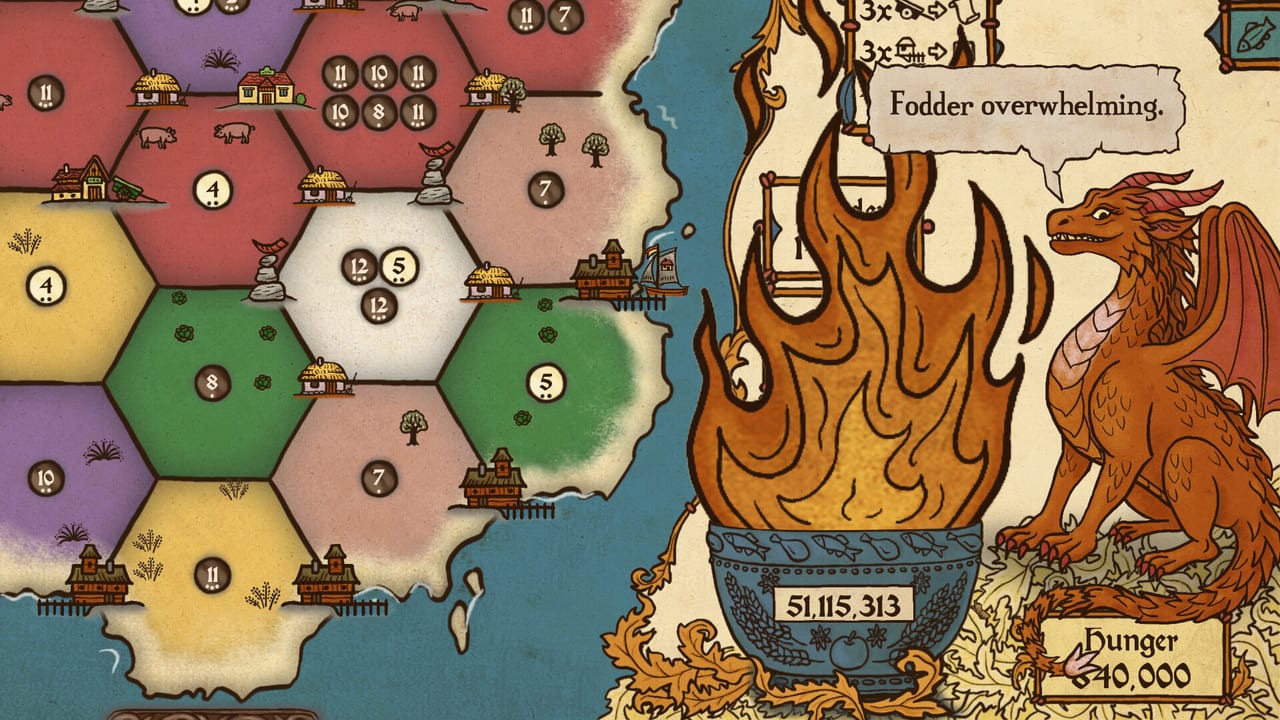 Feed the Scorchpot hex island board with farms, dice, and the hungry dragon